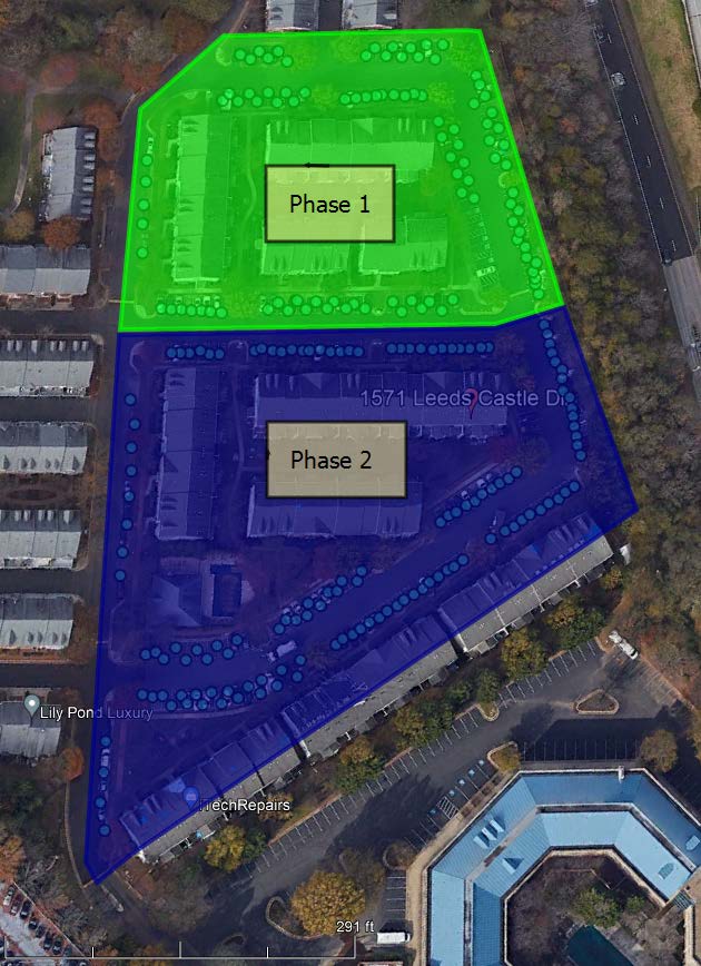 Color coded guide to schedule of parking lot striping work.